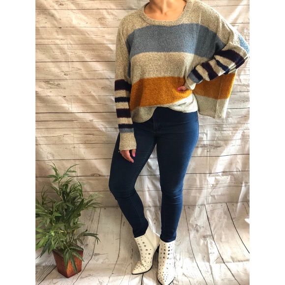 1 Left! Grey Multi Color Striped Oversized Sweater - Picture 2 of 6